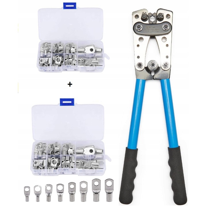 Set Cleste de Sertizat Cabluri HEX 6-50mm2 cu 120 conectori Sarma, Argintiu/albastru