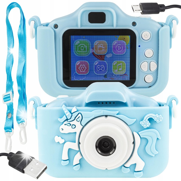 Aparat digital pentru copii Lewer, unicorn, roz si albastru, 2.0 inch, 12MP, set complet