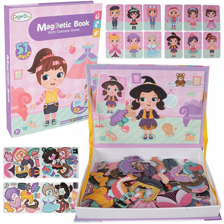 Puzzle magnetic educativ ColorDay, set cu 12 stilizari, 51 magneti, 26x19x3.5cm, pentru copii 3+