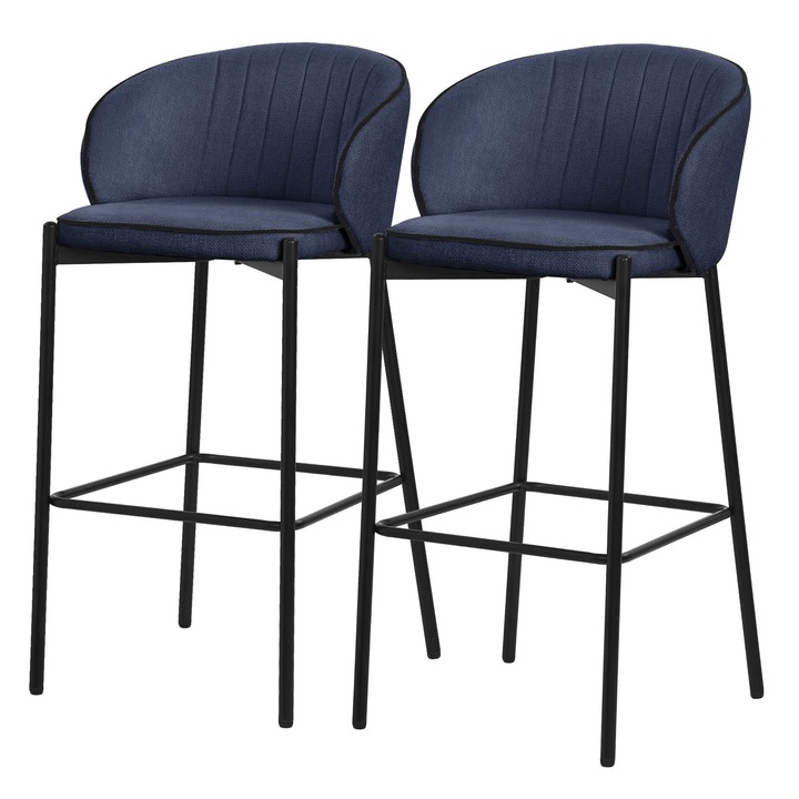 2x bárszék hocker ML-Design, sötétkék szövet kárpitozással, 76cm magasság, háttámlával és lábtartóval, modern fém szerkezet konyhába, bisztró bár bútor