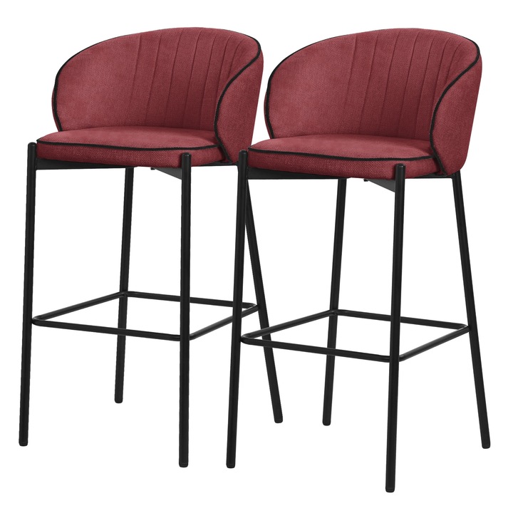 2x Бар столове hocker ML-Design тапицерия в червен цвят от плат, височина 75 см, с облегалка и поставка за крака, модерна метална конструкция за кухня, мебели за бар бистро