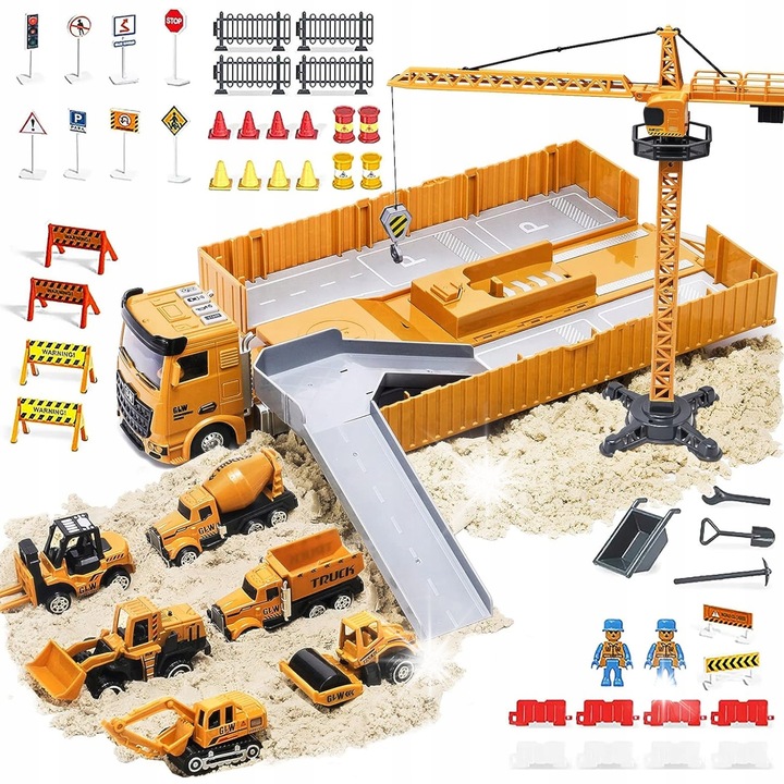 Set utilaje de constructie, ACR, camion TIR cu remorca, macara, excavator, betoniere, 43x11x8cm