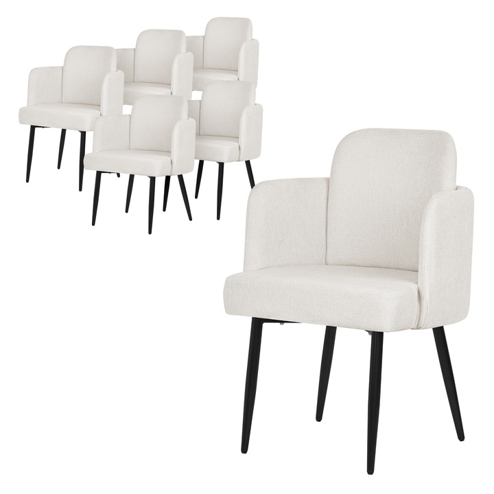 6x Scaune de sufragerie ML-Design in culoare bej, husa din tesatura, spatar si cotiere tapitate cu aspect de ratan, picioare din metal, mobilier ergonomic de salon / bucatarie, fotoliu dining