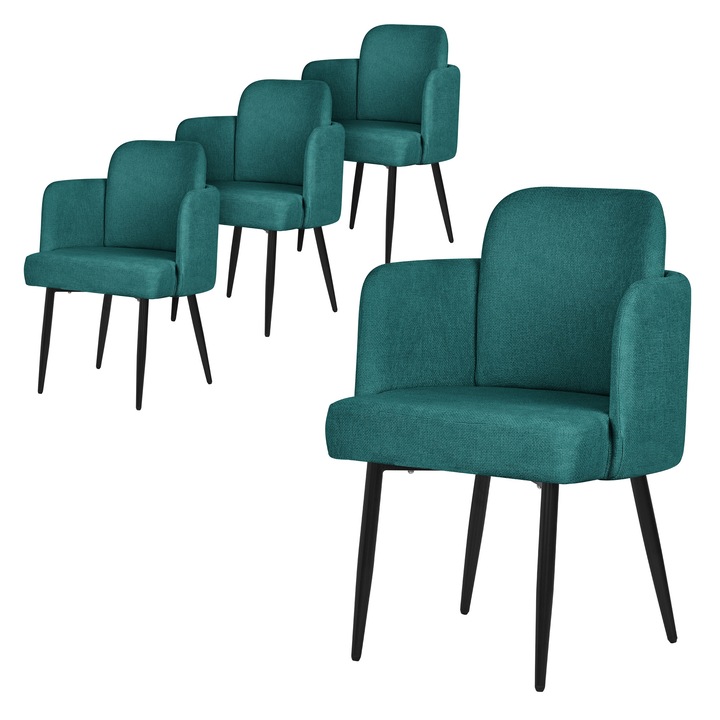 4x Scaune de sufragerie ML-Design in culoare turcoaz inchis, husa din tesatura, spatar si cotiere tapitate cu aspect de ratan, picioare din metal, mobilier ergonomic de salon / bucatarie, fotoliu dining