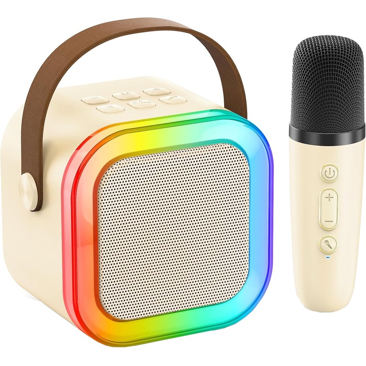 Kit Karaoke pentru copii Smarty® PartyBeat boxa portabila cu microfon wireless, Bluetooth, stereo, lumini RGB, 5 efecte vocale, slot microSD, USB-C, Bej