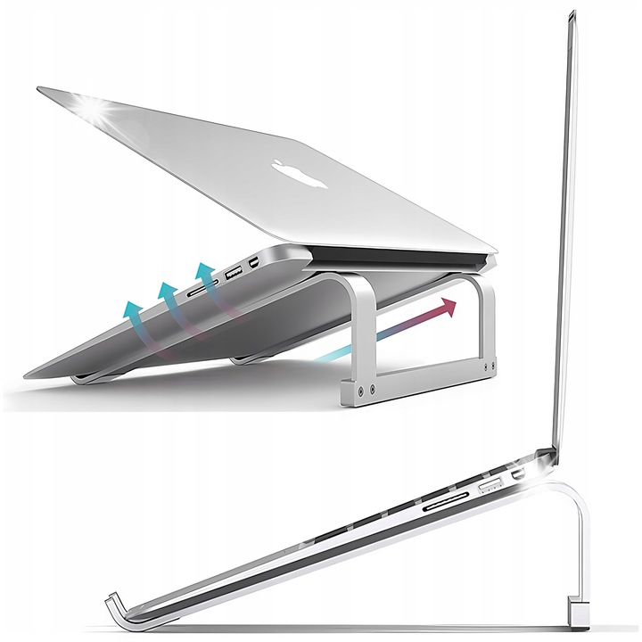 Suport laptop din aluminiu NovazaTech, 10-18 inch, argintiu, design ergonomic, reglabil