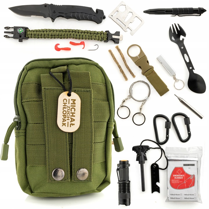 Комплект за оцеляване 20 в 1 с гравиране, Нео, къмпинг аксесоари, сгъваем нож, LED фенерче, 12x17x4,5см