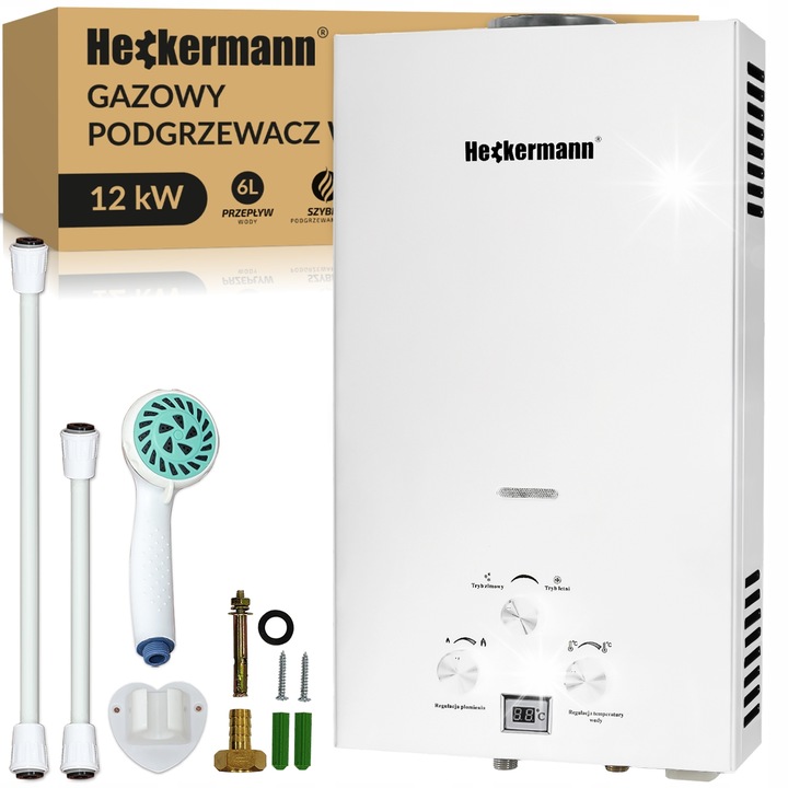 Incalzitor instant de apa gazos Heckermann JSD-HB05, 36 kW, 18L/min, alb, set complet