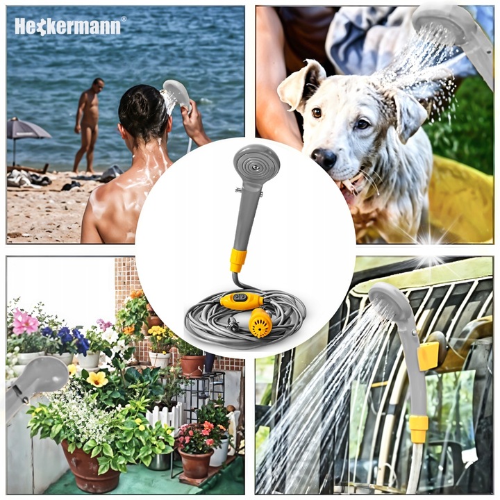 Dus turistic Heckermann MR0101, 12V, compact, gri-galben, set de accesorii camping