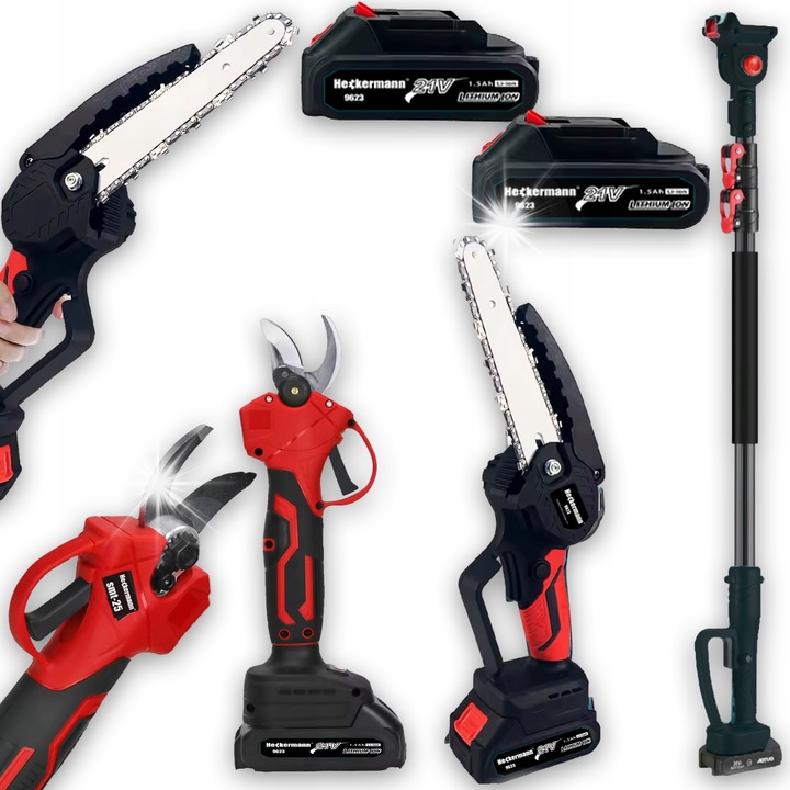 3 az 1-ben készlet: 6"-os elektromos láncfűrész, akkumulátoros metszőolló, 2m-es kihúzható rúd, 2x akkumulátor