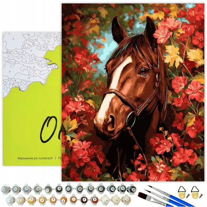 Комплект рисуване по номера, 40x50 см, За възрастни, "Коне в цветя", Пълен комплект с платно 50x40 см, Екологични акрилни бои, Четки и Включена рамка за Творческа релаксация у дома