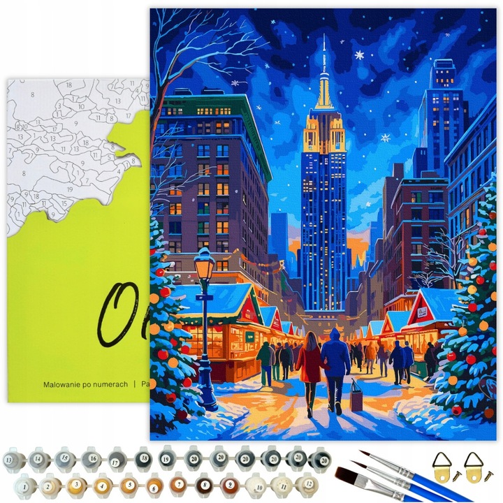 Kit de Pictura prin Numere "Manhattan in Sarbatoare" - Panza de Bumbac 50x40cm cu Rama, cu 27 Culori Acrilice, Inclusiv Pensule si Instructiuni, Ideal pentru Relaxare si Reducerea Stresului