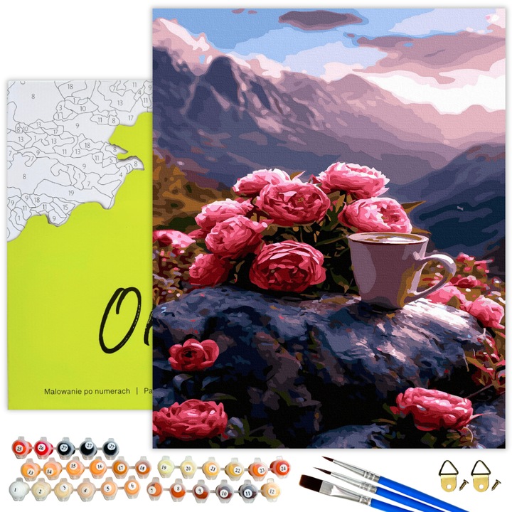 Рисуване по номера Oh Art!, 40x50cm - Пълен комплект с номерирано платно, Картина с рамка, Цветя „Сутрин с роза“, Направи си сам изкуство за възрастни и деца