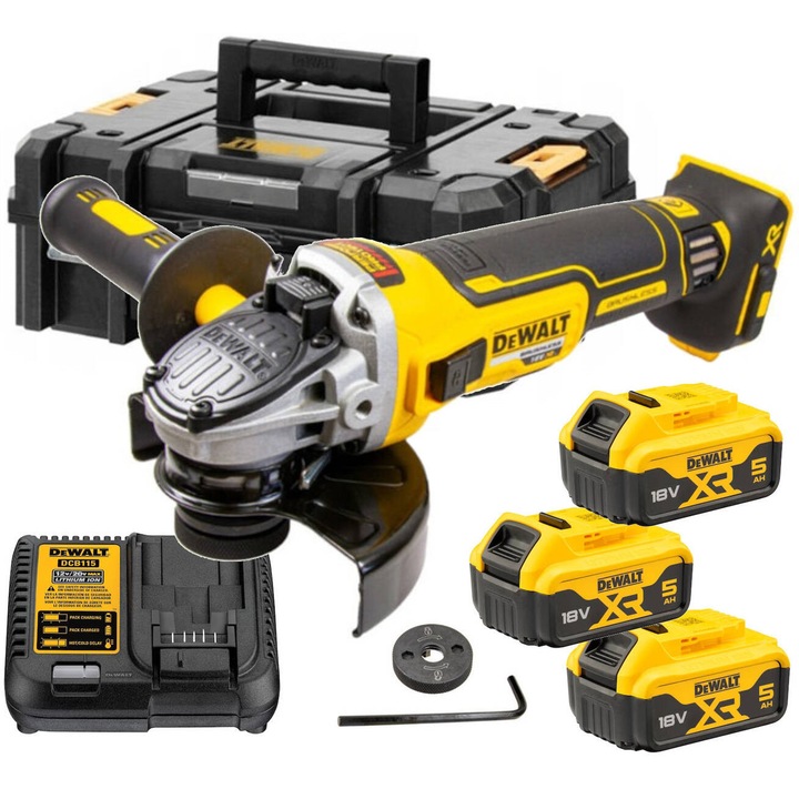 Ъглошлайф DeWalt 125mm 18V 3x5Ah, безчетков, 9000 RPM, пълен комплект
