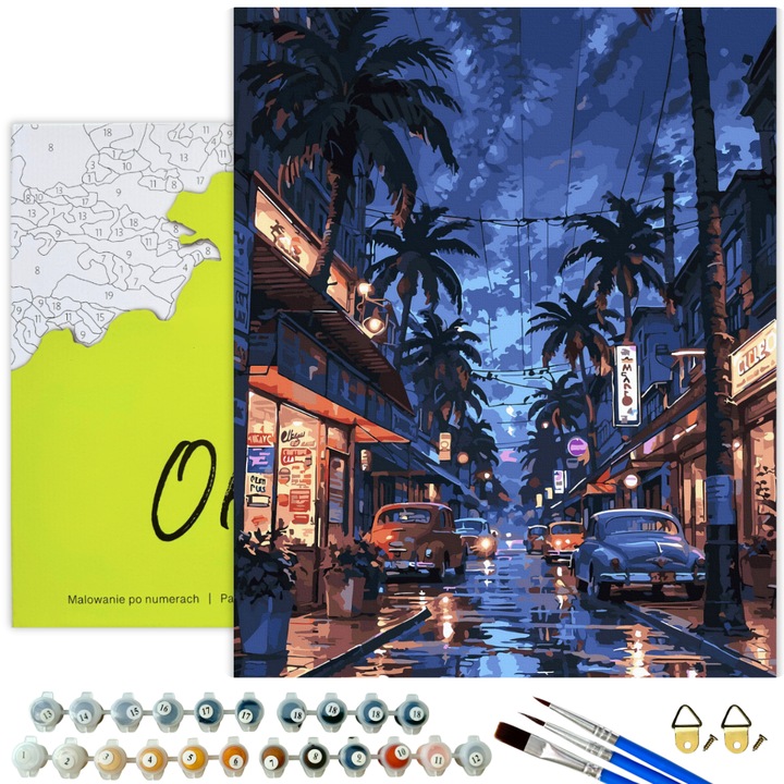Рисуване по номера 40x50cm – Пълен комплект с номерирано платно, Картина с рамка, Пейзаж “Нощ и палми”, Направи си сам изкуство за възрастни и деца – Oh Art!®