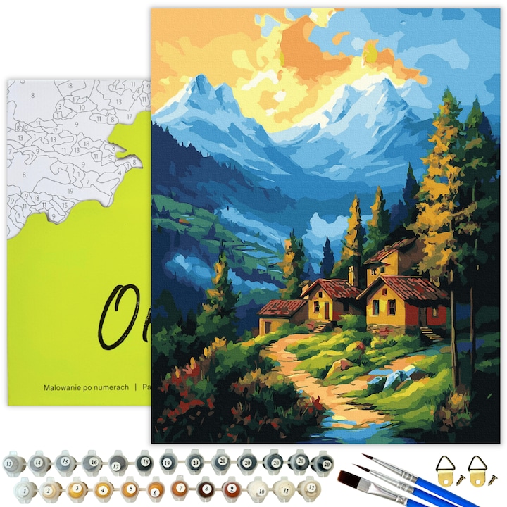 Рисуване по номера 40x50cm – Пълен комплект с номерирано платно, Картина с рамка, Пейзаж „Планинско село“, DIY изкуство за възрастни и деца – Oh Art!®