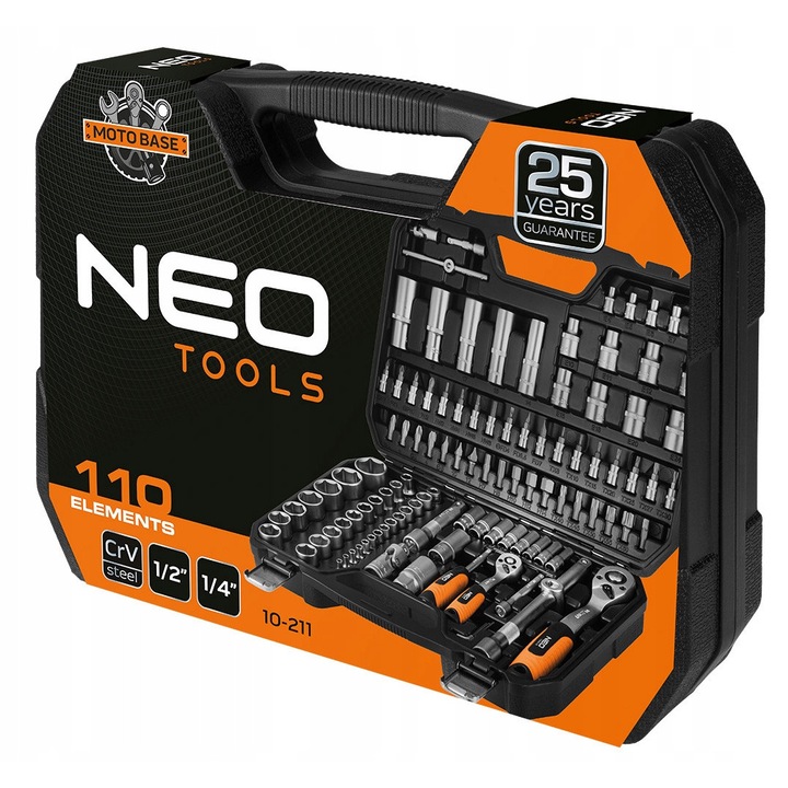 Set chei cu capete interschimbabile Neo Tools 110e 1/2" 1/4" Torx, satinat