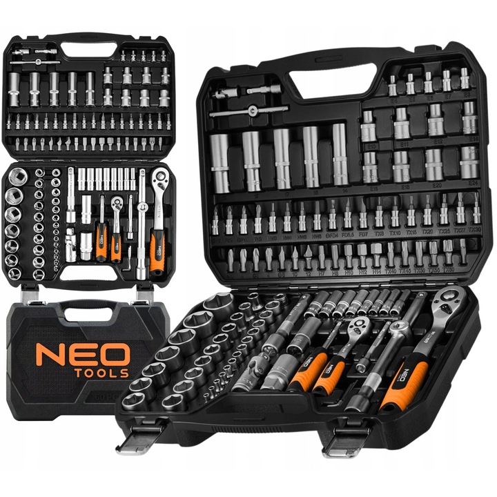 Set chei cu 110 elemente, Neo Tools, 1/2", 1/4", din otel crom-vanadiu, valiza