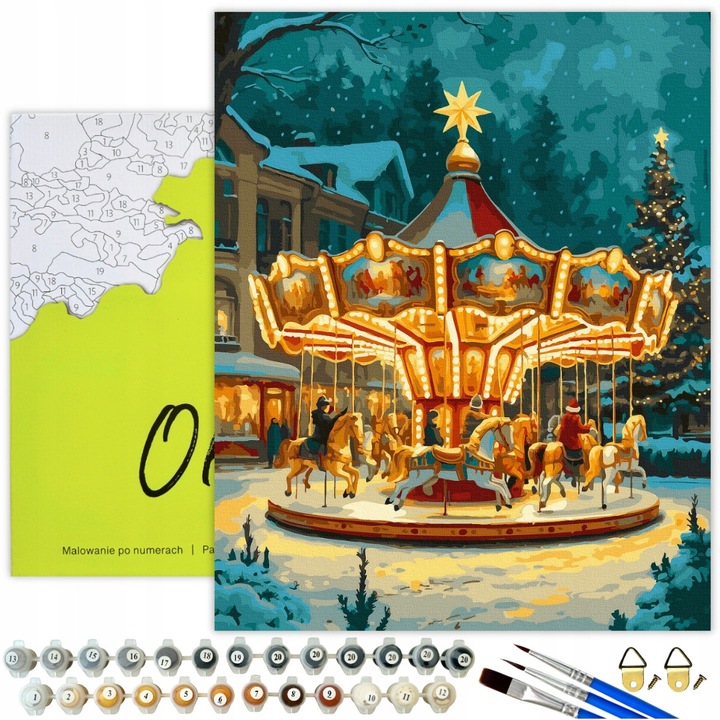 Kit de pictura cu numere "Caruselul Festiv" - tablouri de pictat cu rama, panza de bumbac 50x40 cm, 29 culori acrilice, cadou perfect pentru relaxare si reducerea stresului