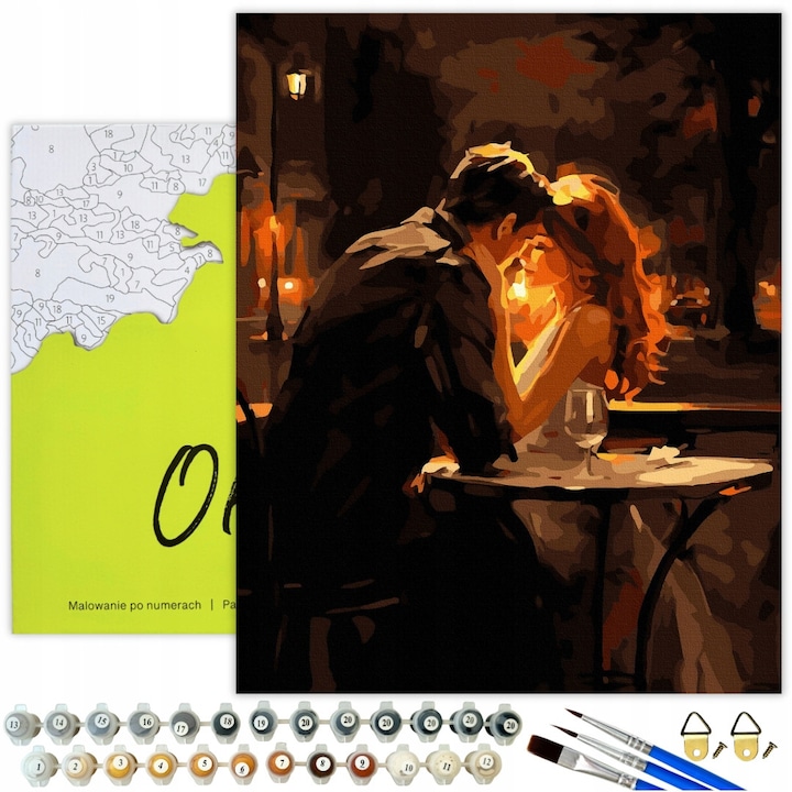 Kit de pictura pe numere pentru adulti - Tabloi romantic cu rama - Dimensiune 50x40cm - Include 22 culori acrilice, pensule si suport pentru expunere - Perfect cadou creativ pentru acasa