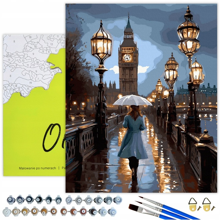 Set de pictura prin numere "Plimbare prin Londra" - Tabara pe panza cu rama, 50x40 cm, 32 culori acrilice, set complet cu pensule si ghid, ideal pentru incepatori si artizani