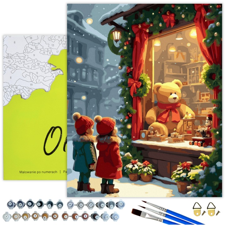 Set Pictura pe numere „Visul de Craciun” - Panza 50x40 cm cu Rame, 33 de Culori Acrilice, Relaxare si Meditatie prin Arta, Cadou Perfect pentru Sarbatori