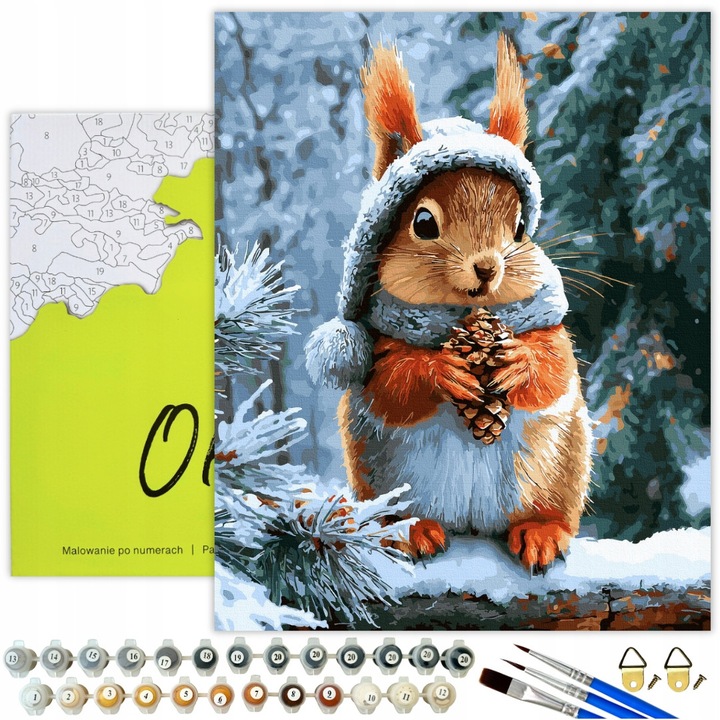 Set de pictura pe numere 50x40 cm "Veverita de Iarna" cu rama, Oh Art! pentru relaxare si creativitate - tot ce ai nevoie pentru un cadou artistic perfect