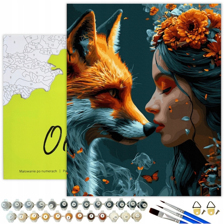Комплект за рисуване по номера "Лисица и Момиче" - Памучно платно 50x40 см с рамки, 32 акрилни цвята, вкл. Четки и инструкции, Креативен подарък за медитация и релаксация - Oh Art!®