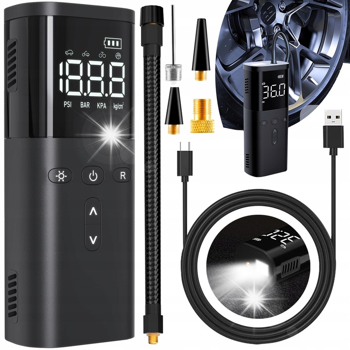 Compresor electric portabil HECKERMANN, 60W, 150 psi, negru, 17,5x6,8x4,8cm