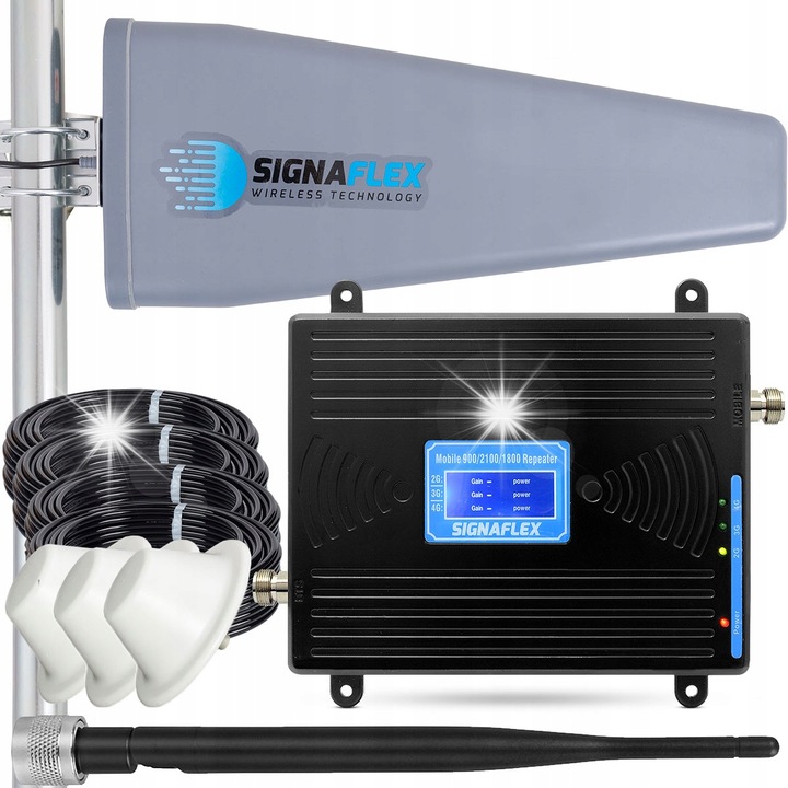 Set amplificator semnal GSM/3G/4G LTE, Signaflex, antena externa 23 dBi, 3 antene interne 8 dBi, 25m cablu, negru