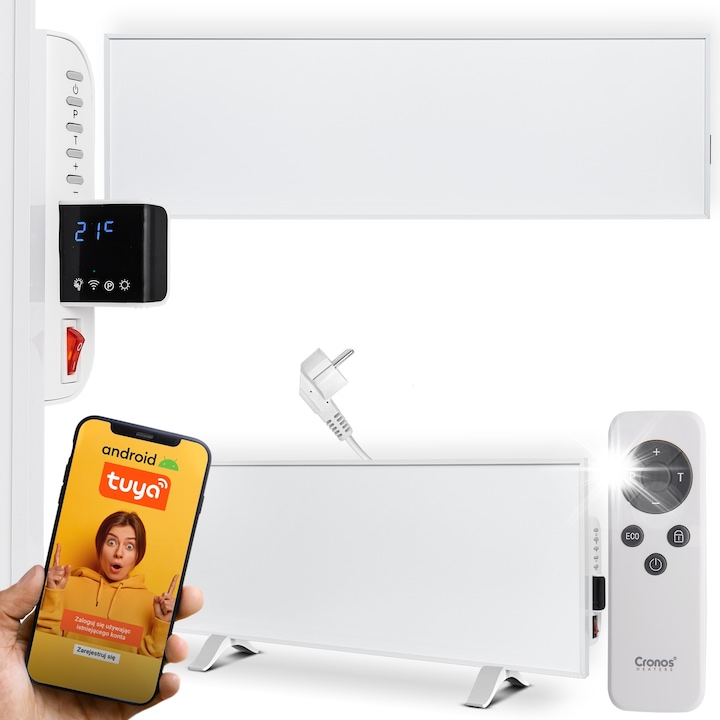 Panou electric de incalzire Cronos PRO CRP-330TWP, 330W, alb, dimensiuni 100x30cm, cu WiFi si telecomanda, set complet
