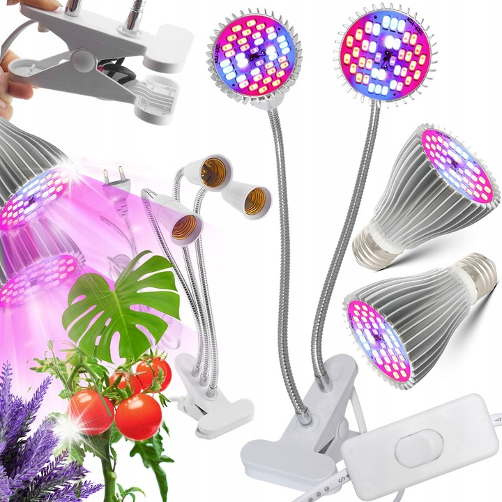 Lampa LED pentru cresterea plantelor, Heckermann, 80 LED-uri, 60W, 3000lm, brate flexibile, suport cu clip
