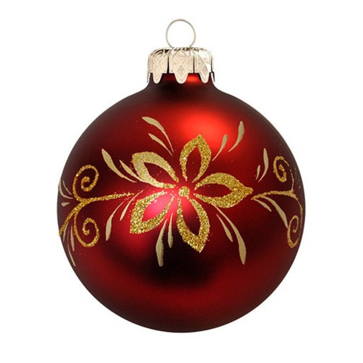 Glob de Craciun, Pannonia Dekor Kft, sticlă mat roșu cu model auriu, 8 cm