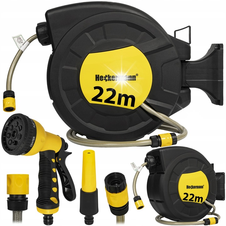 Автоматична макара за градински маркуч 20м, въртене на 180°, черна, пълен комплект с пистолет и аксесоари