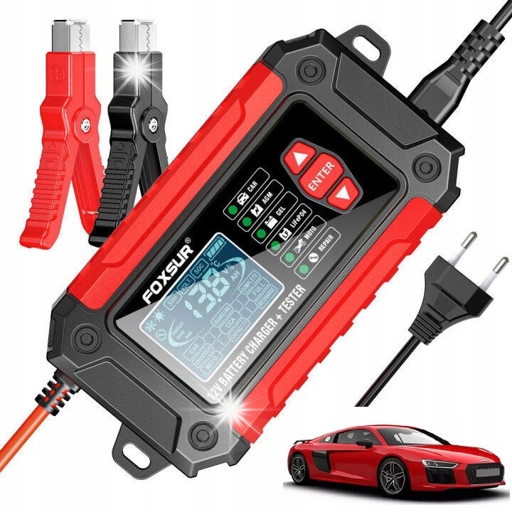 Incarcator si tester acumulatori 12V 6A Foxsur FTC-1206, functie 2 in 1, compatibil cu AGM, GEL, LiFePO4, dimensiuni 177x86x57mm