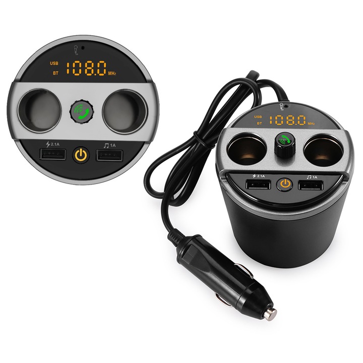 FM transzmitter, Luxury, 2x USB, beépített mikrofon, 12V-24V, 100W