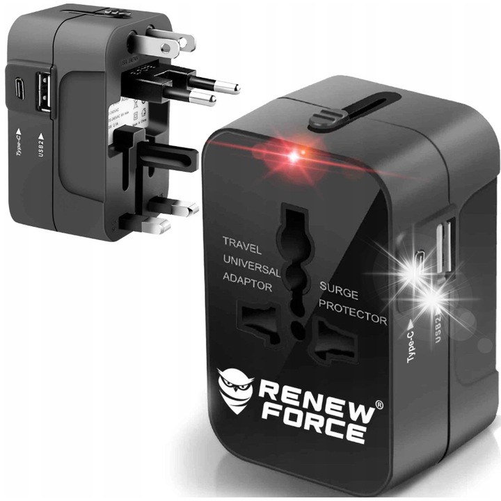 Adaptor universal de calatorie Renew Force, cu USB, pentru prize USA, EU, AUST
