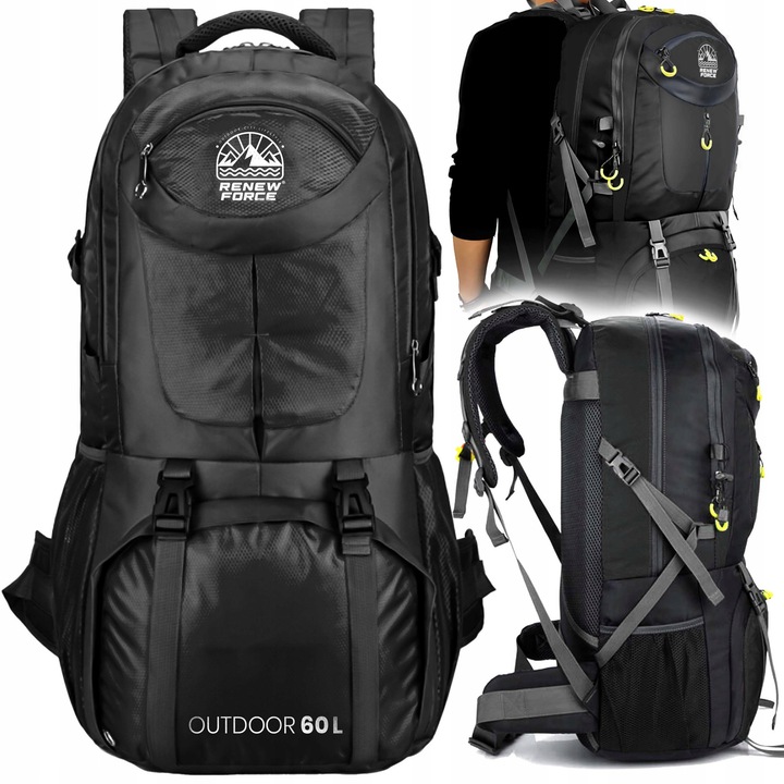 Rucsac outdoor Renew Force 60L, negru, 2 compartimente, impermeabil