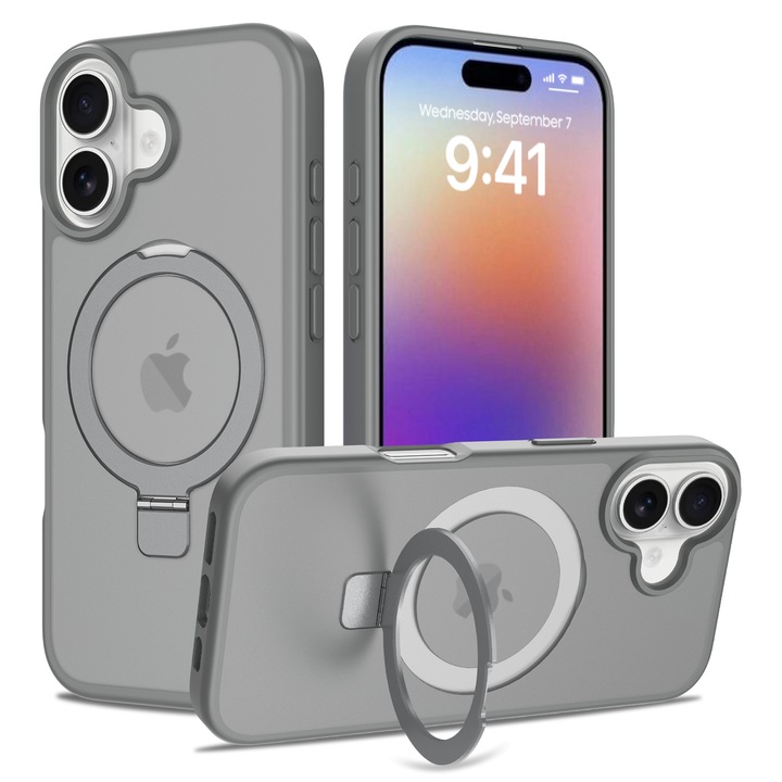 Védőtok iPhone 17-hez, Omelivon, MagSafe, Gyűrűtámasszal, Megemelt élek a képernyővédelemért, Ütésálló, Puha TPU + Kemény PC, Félig átlátszó hátlap, Sötétszürke