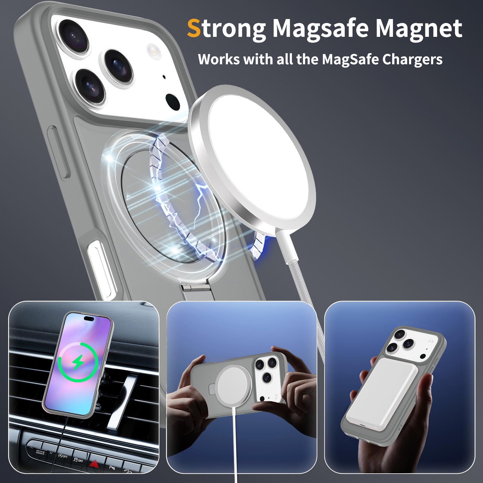 Husa de protectie pentru iPhone 17 Pro, Omelivon, MagSafe, Suport pentru inel, Margini ridicate pentru protectia ecranului, Anti-Soc, TPU Moale + PC Dur, Spate Semitransparent, Gri inchis