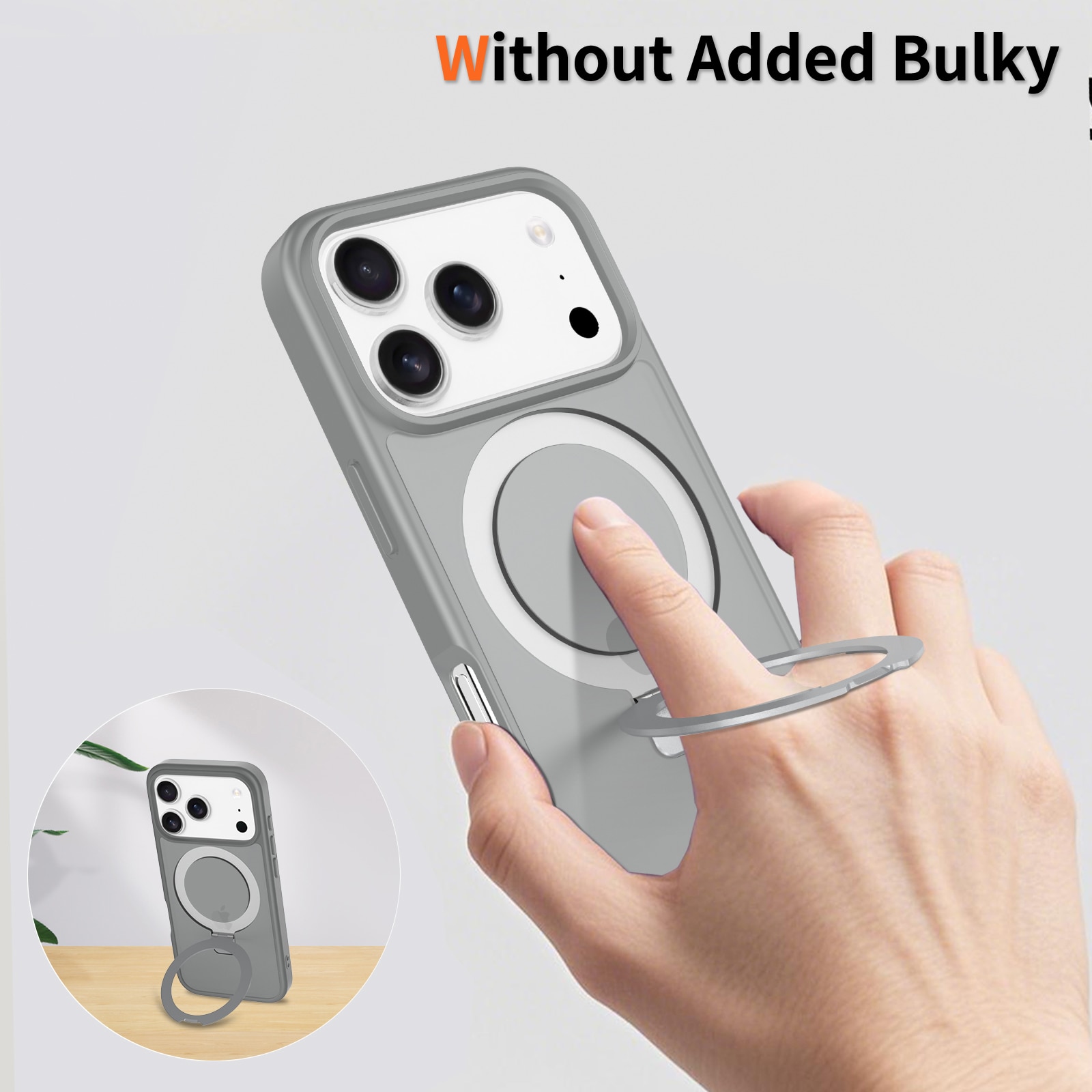Husa de protectie pentru iPhone 17 Pro, Omelivon, MagSafe, Suport pentru inel, Margini ridicate pentru protectia ecranului, Anti-Soc, TPU Moale + PC Dur, Spate Semitransparent, Gri inchis