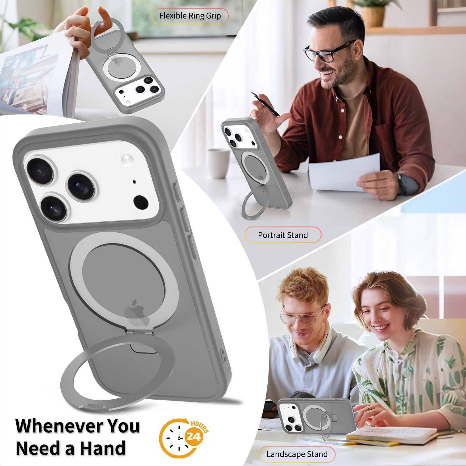 Husa de protectie pentru iPhone 17 Pro, Omelivon, MagSafe, Suport pentru inel, Margini ridicate pentru protectia ecranului, Anti-Soc, TPU Moale + PC Dur, Spate Semitransparent, Gri inchis