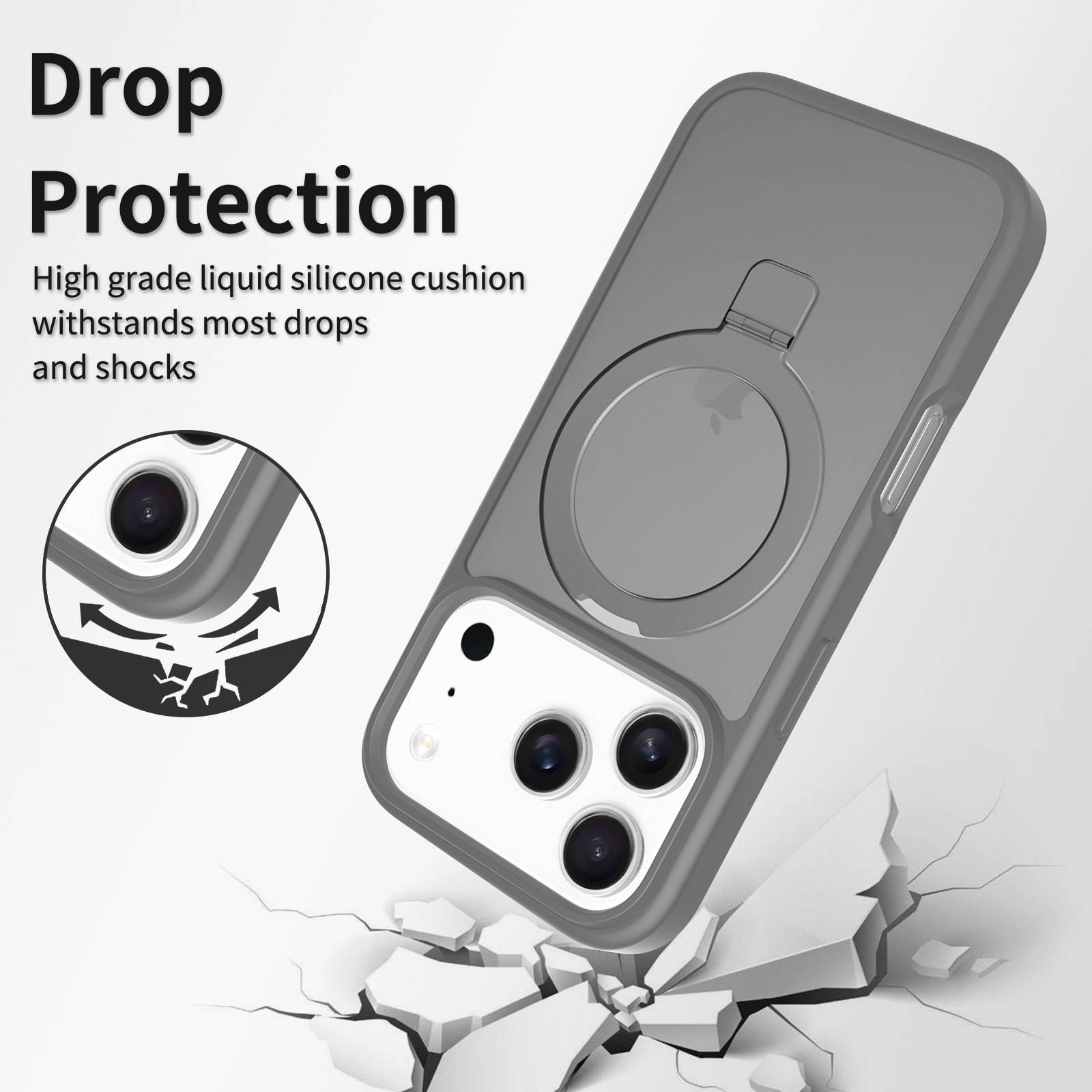 Husa de protectie pentru iPhone 17 Pro, Omelivon, MagSafe, Suport pentru inel, Margini ridicate pentru protectia ecranului, Anti-Soc, TPU Moale + PC Dur, Spate Semitransparent, Gri inchis