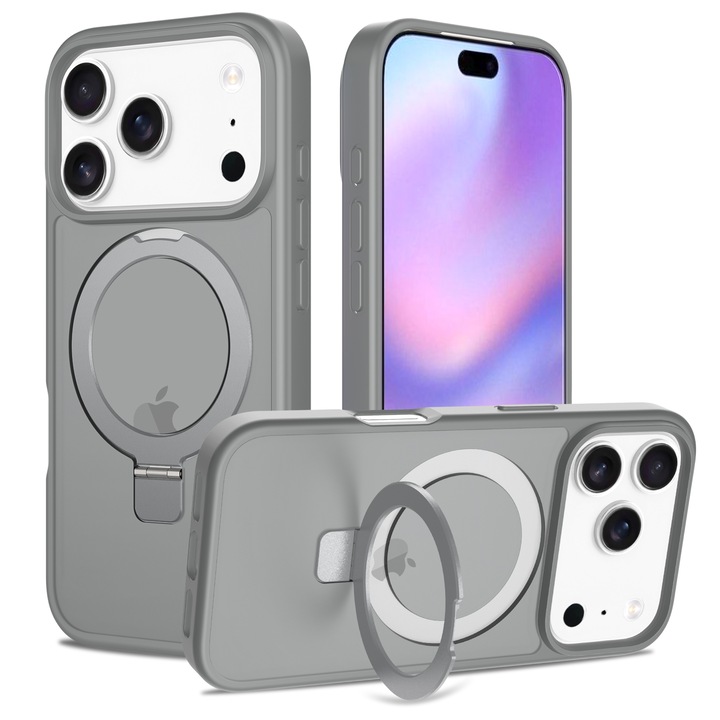 Husa de protectie pentru iPhone 17 Pro, Omelivon, MagSafe, Suport pentru inel, Margini ridicate pentru protectia ecranului, Anti-Soc, TPU Moale + PC Dur, Spate Semitransparent, Gri inchis