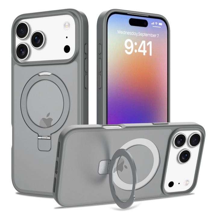 Husa de protectie pentru iPhone 17 Pro Max, Omelivon, MagSafe, Suport pentru inel, Margini ridicate pentru protectia ecranului, Anti-Soc, TPU Moale + PC Dur, Spate Semitransparent, Gri inchis