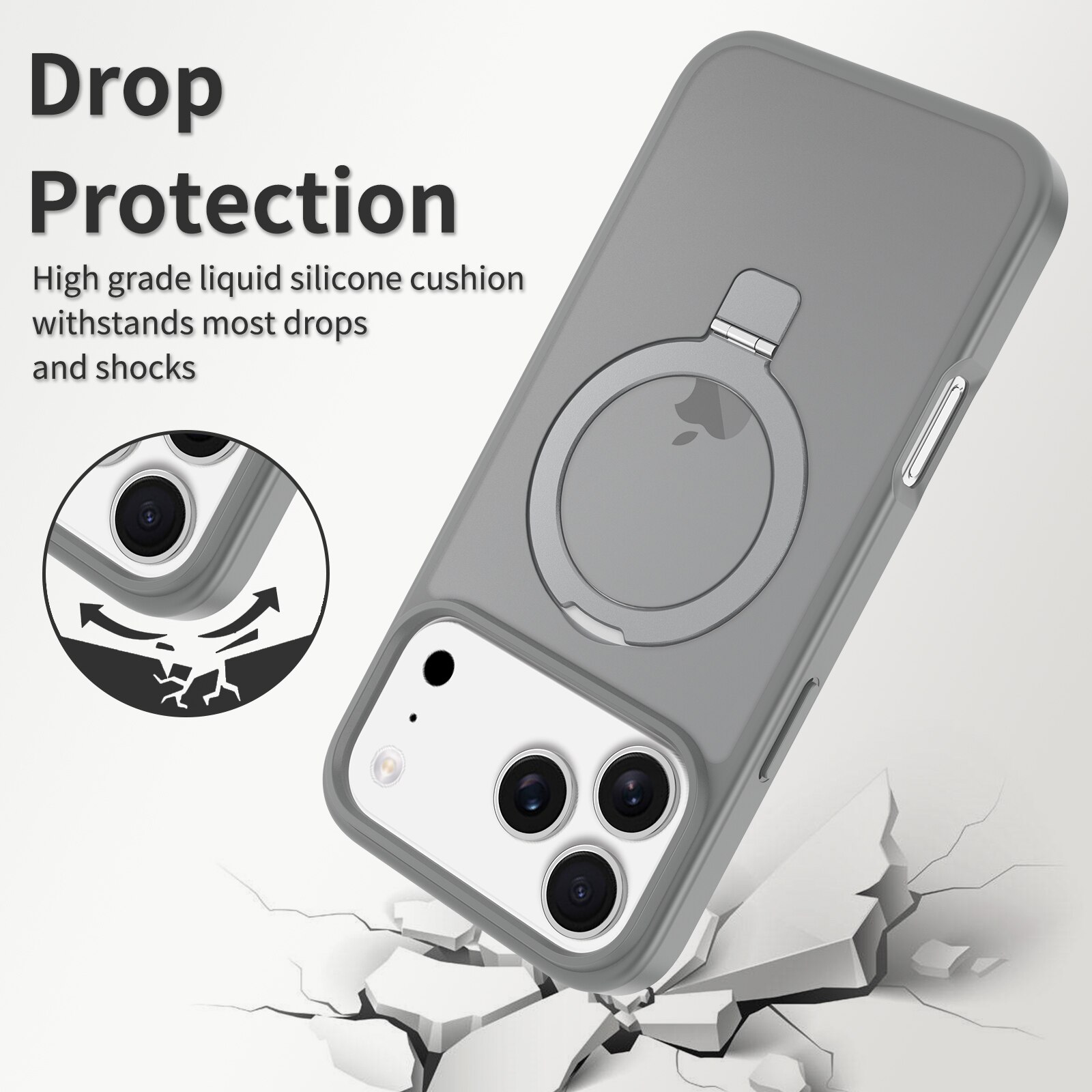 Husa de protectie pentru iPhone 17 Pro Max, Omelivon, MagSafe, Suport pentru inel, Margini ridicate pentru protectia ecranului, Anti-Soc, TPU Moale + PC Dur, Spate Semitransparent, Gri inchis