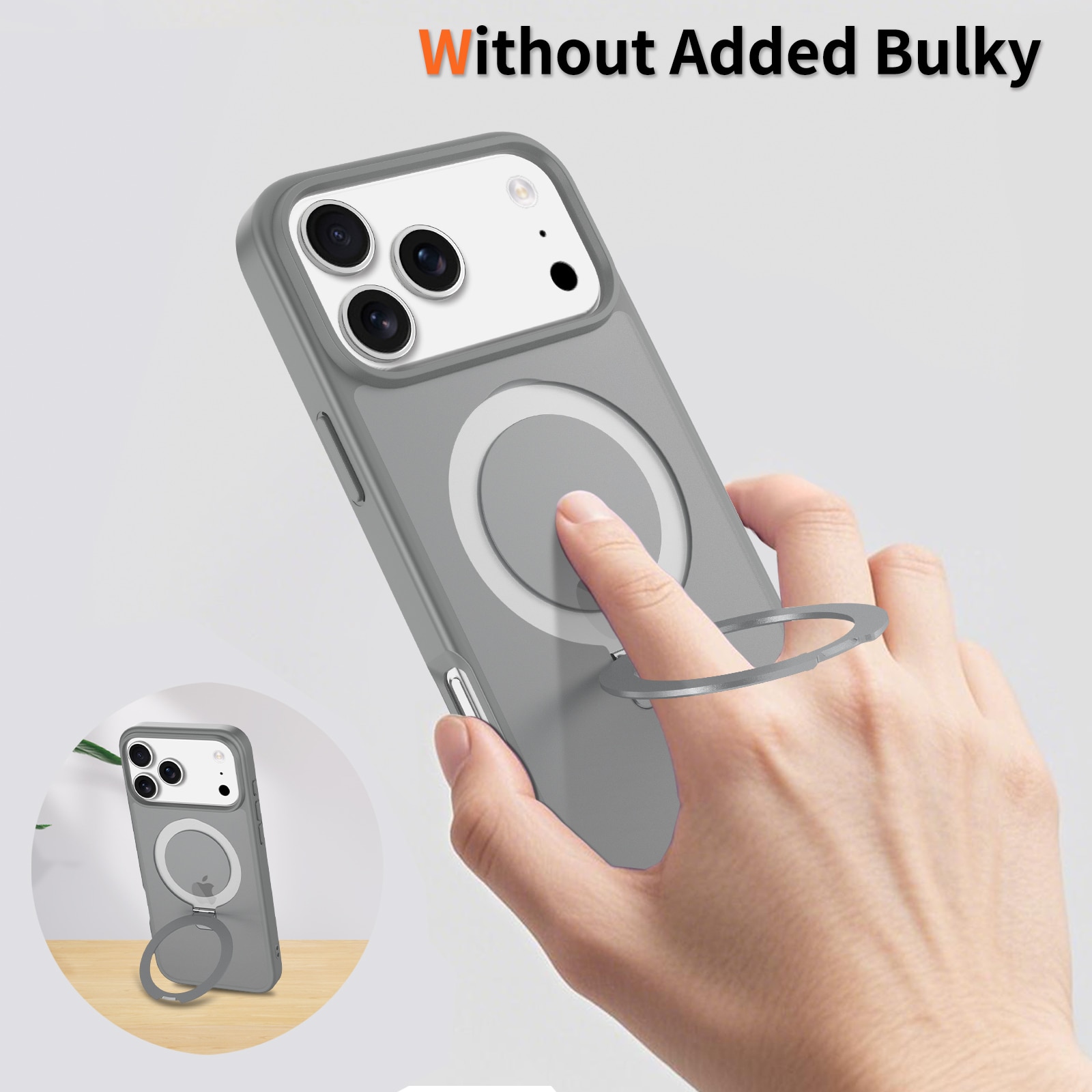 Husa de protectie pentru iPhone 17 Pro Max, Omelivon, MagSafe, Suport pentru inel, Margini ridicate pentru protectia ecranului, Anti-Soc, TPU Moale + PC Dur, Spate Semitransparent, Gri inchis