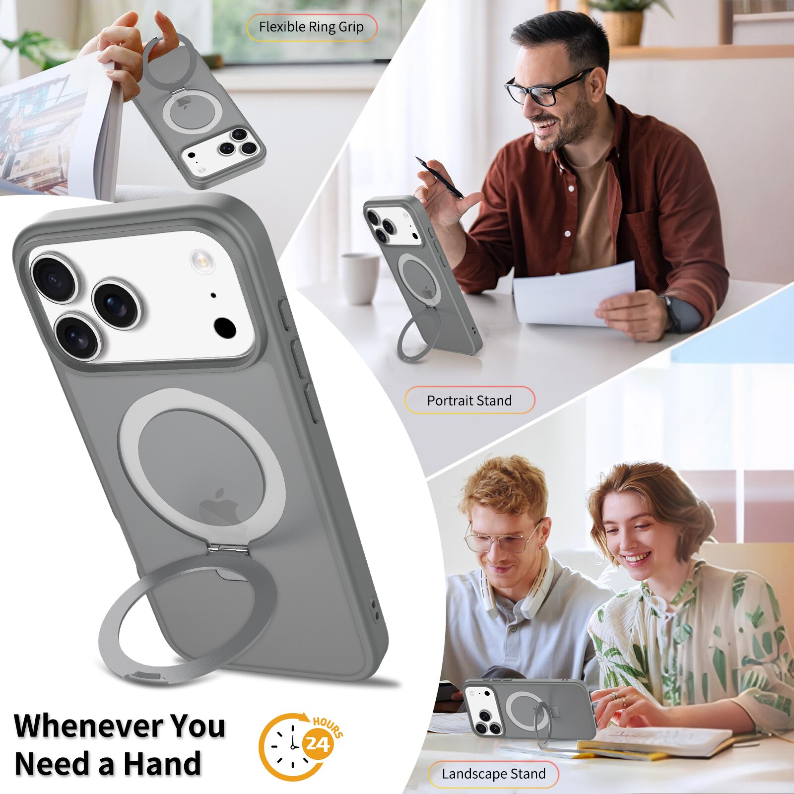 Husa de protectie pentru iPhone 17 Pro Max, Omelivon, MagSafe, Suport pentru inel, Margini ridicate pentru protectia ecranului, Anti-Soc, TPU Moale + PC Dur, Spate Semitransparent, Gri inchis
