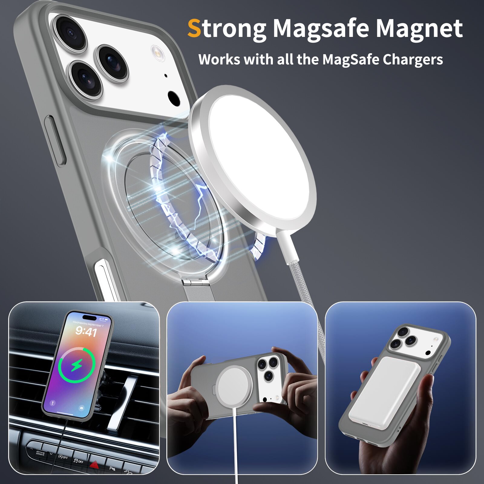 Husa de protectie pentru iPhone 17 Pro Max, Omelivon, MagSafe, Suport pentru inel, Margini ridicate pentru protectia ecranului, Anti-Soc, TPU Moale + PC Dur, Spate Semitransparent, Gri inchis