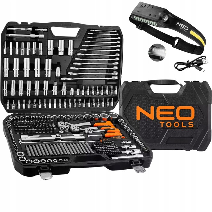 Set unelte NEO TOOLS 300 elemente, chei cu clichet, lanterna frontala LED 2 in 1, multicolor